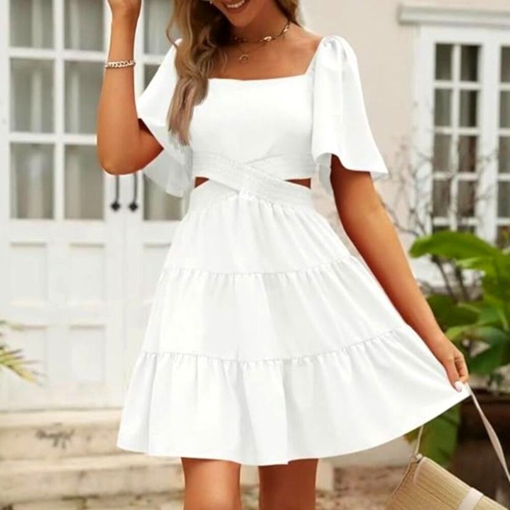 White Cutout Ruffle Mini Sundress S Rayon Smock Tier Flutter Boho Resort Bridal